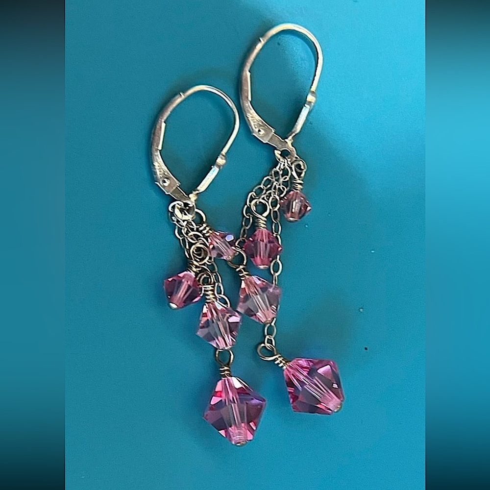 Vintage Sterling Silver Pink Crystal Lever Back Dangle Earrings